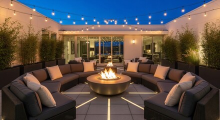 Modern Rooftop Lounge with Fire Pit and String Lights at Twilight