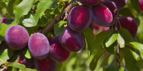 Delicious purple plums ripen on a branch, ready for harvest in the summer sun.
