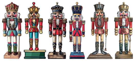 PNG Colorful traditional wooden nutcrackers lineup, element set on transparent background