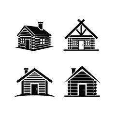 Rustic log cabin and wooden house icon collection. A set of black and white vector symbols for construction, real estate, and outdoor adventure themes