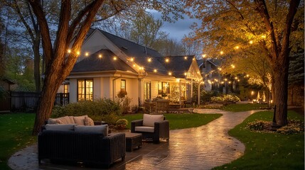 Cozy backyard patio at dusk with warm string lights and comfy seating — inviting outdoor terrace ambience for lifestyle, home decor, garden party or romantic evening background