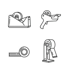 Set of minimalist outline illustrations featuring different types of tape dispensers, including desktop models and handheld applicators for various uses