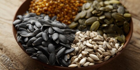 A vibrant assortment of various seeds fills a wooden bowl, ideal for nutritious meals and snacks.