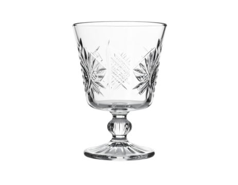 A glass goblet with an intricate pattern, isolated on a white background, elegant drinkware.