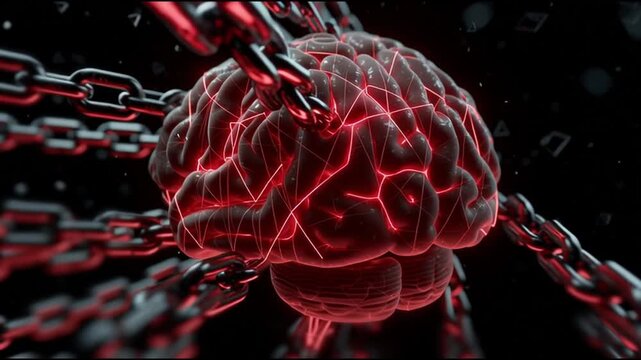 PromptLock ransomware cybersecurity. Data encryption. Digital threat. Hacking interface. Cybercrime. A brain encased in red chains, symbolizing restriction and control.