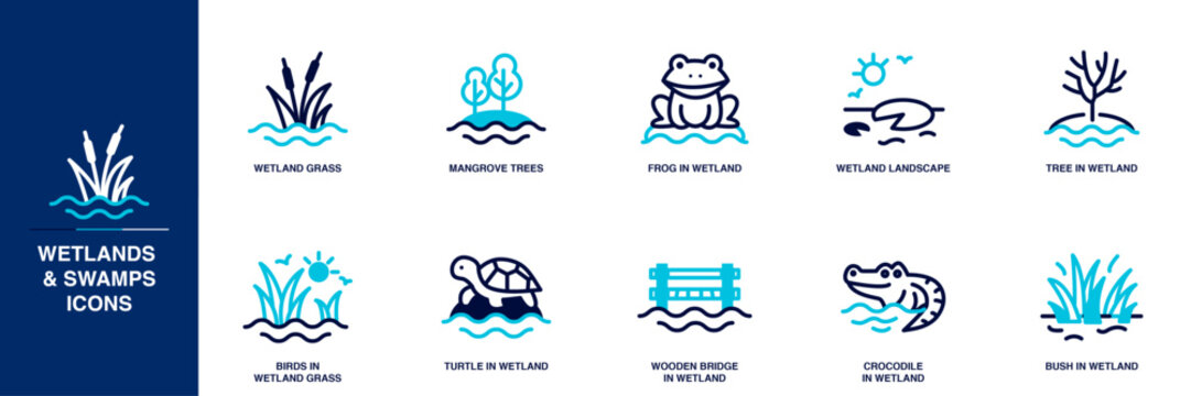 Wetlands & Swamps Blue Colored Outline Icon Set