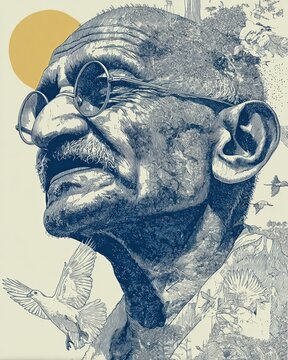 Happy Gandhi Jayanti vector art, celebrating the birthday of Mohandas Karamchand Gandhi with symbolic peace motifs