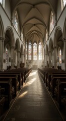 Obraz premium A spacious church interior, illuminated by natural light streaming through stained glass windows, showcases ornate arches and pews.