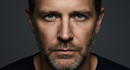 Obraz premium A portrait of a man with blue eyes and a greyflecked beard closeup on his face against a dark grey background