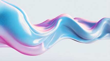 A digitally rendered, iridescent, pastel blue and pink fluid form flows across a light gray background, creating a smooth, wavy, abstract design
