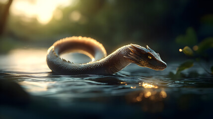 Fototapeta premium Mythical Dragon Creature In Water At Sunset