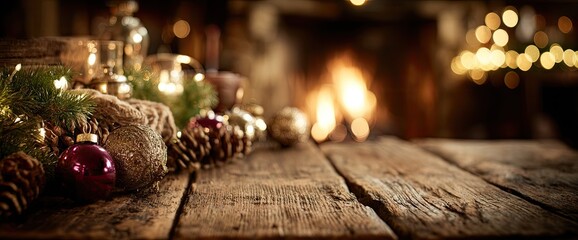 Christmas decorations on a rustic wooden table in front of a fireplace