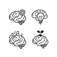 Brain Icons Demonstrating Thinking, Ideas, Creativity, and Growth in Various Concepts