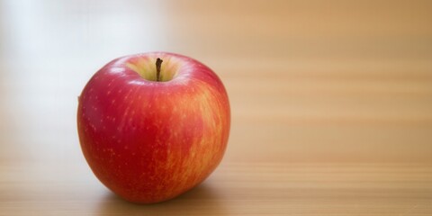 A close-up shot of a vibrant, red apple on a wooden surface.