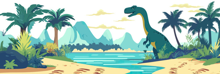 Prehistoric tropical riverbank landscape with giant dinosaur footprints and standing theropod dinosaur silhouette flat vector illustration