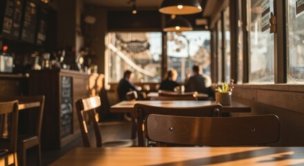 Fototapeta premium Cafe interior tables chairs people at tables near window lighting fixtures