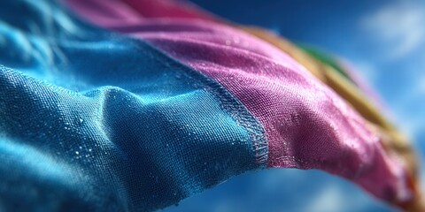 A colorful rainbow flag waves proudly against a bright blue sky, a symbol of pride and diversity.