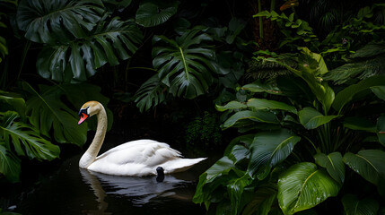 White Swan In Lush Tropical Garden