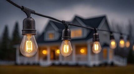 Vintage edison bulb string lights at dusk — cozy patio glow against a modern house, warm twilight ambience for romantic evenings and outdoor lifestyle decor background