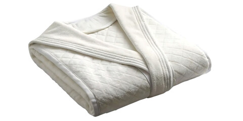 White quilted cotton bathrobe neatly folded on white background isolated on a transparent background