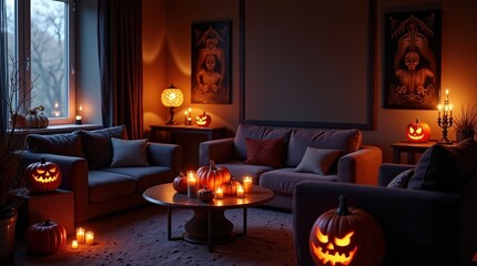 stylish Halloween living room decor, pumpkins, candles