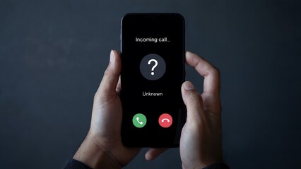 Hesitant hands hold smartphone displaying incoming call from unknown number with question mark icon, prompting decision to answer or decline urgent communication.