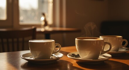 Fototapeta premium Three cups of coffee sit on a wooden table steam rising from one bathed in warm natural light in a cafe setting