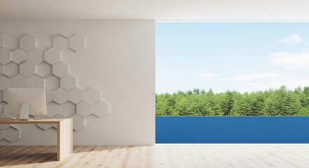 Modern Office with Desk and Computer Overlooks Serene Forest View