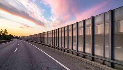 Acoustic barrier panels along highway in rhythm pastel sky strip wallpaper background representing modern infrastructure surface suitable for minimal architectural design