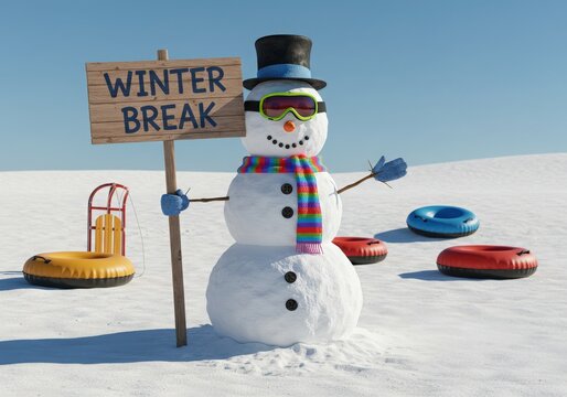 Happy snowman with winter break sign and snow tubes ready for fun