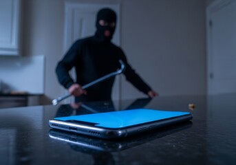 Glowing Smartphone on Kitchen Counter with Masked Intruder Holding Crowbar in Background at Night Indoors