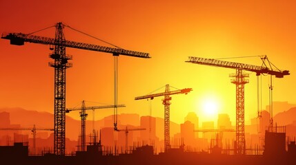 Dramatic sunset over urban construction site with multiple tower cranes and silhouettes of buildings under development