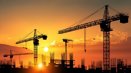 Busy construction site with multiple cranes du sunset showing ongoing building development and urban expansion