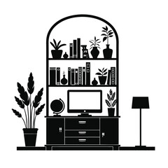Silhouette of a bookshelf with plants and aTV Keywords: bookshelf, silhouette, interior, home