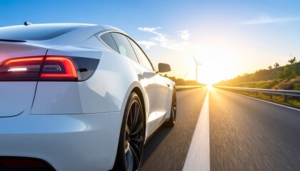 Electric Car Driving into Sunset on Highway