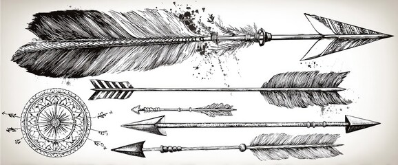 Vintage-style graphic design of several arrows and feathers