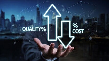 Professional businessman presents strategic growth concept showing increasing quality and decreasing costs with glowing neon arrows over a city skyline backdrop