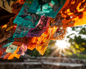 Naklejka premium Colorful Hanging Paper Decorations With Animal Prints In Sunlight