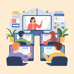 Fototapeta premium Online learning and remote education concept with students and teacher on screen