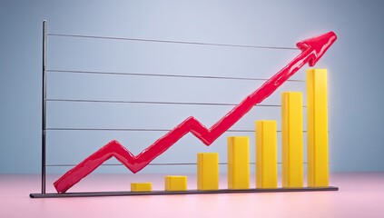 3D graphic of a rising red line graph with yellow bars