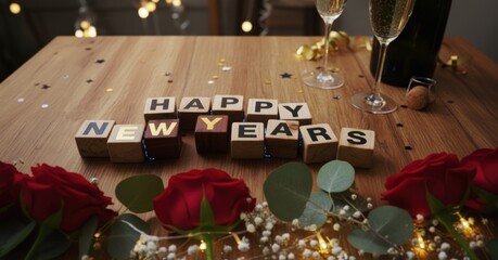 Happy New Years Celebration Champagne Toast Roses Wooden Blocks Table