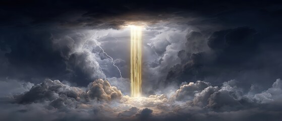 Dramatic stormy sky with intense lightning bolt illuminating dark clouds and vertical golden light shaft creating an epic atmospheric scene