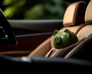 Green Piggy Bank In Luxury Car Interior
