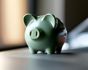Green Piggy Bank With Coins On Desk