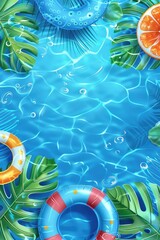 Colorful pool scene with inflatable rings, tropical leaves, and orange slice floating on water