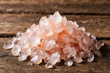 Himalayan pink salt on rustic wood. Gourmet cooking, seasoning, and wellness purposes. Themes of healthy lifestyle, organic food, natural minerals, and culinary photography