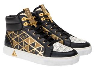 Black gold geometric pattern high top sneakers isolated on a transparent background image