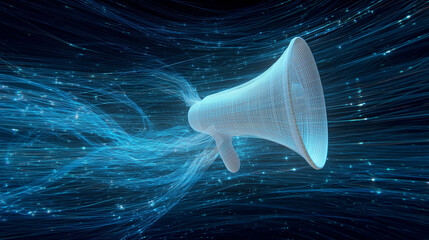 3D megaphone emitting sound waves in abstract space, symbolizing dynamic communication.