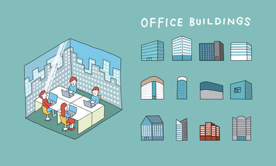 オフィスビルのイラストアイコンセット