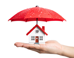Miniature House Protected by Red Umbrella – Home Insurance Concept Flat Lay